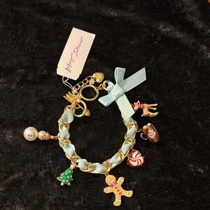 Betsey Johnson Christmas Charm Bracelet with Blue Ribbon NWT
